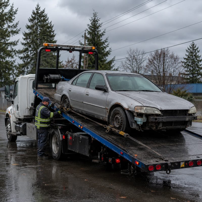 Scrap car removal truck picking up a vehicle in British Columbia
